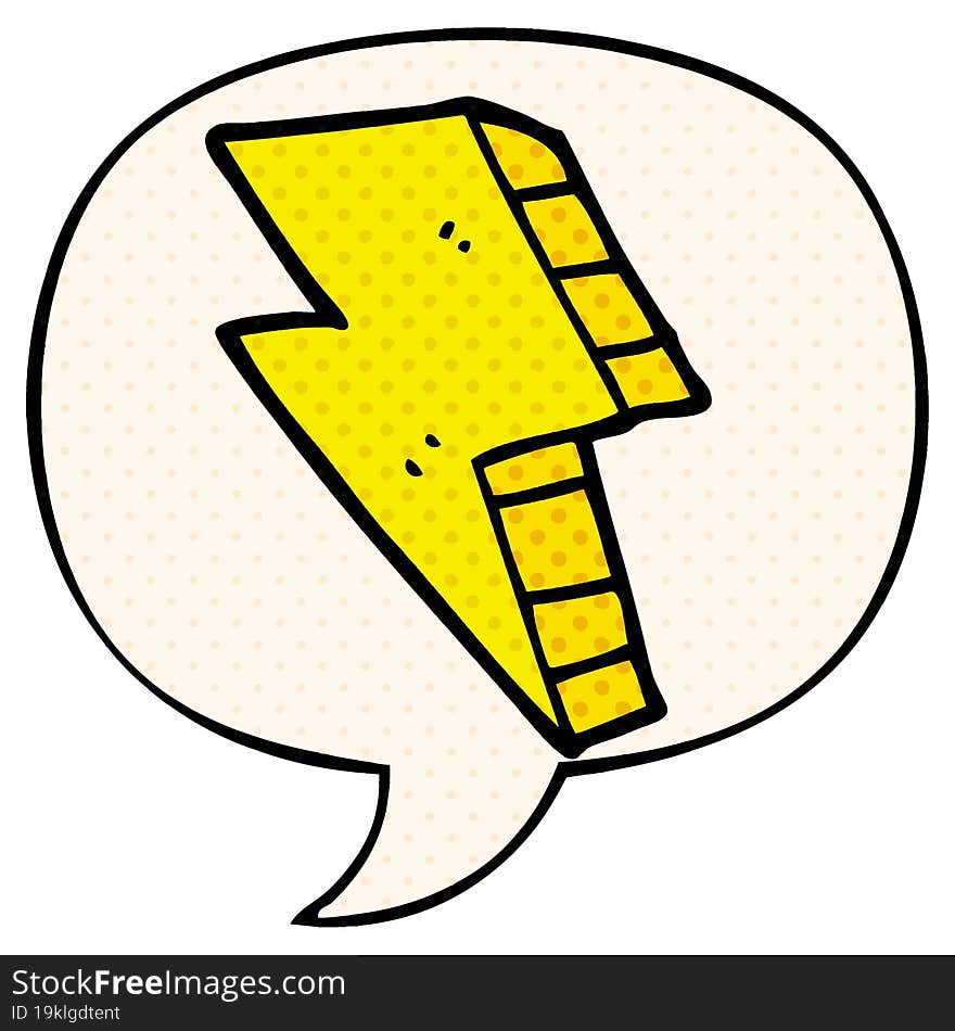 cartoon lightning bolt and speech bubble in comic book style