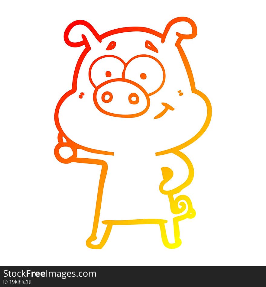 warm gradient line drawing of a happy cartoon pig