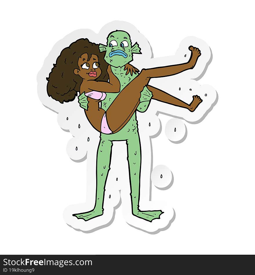 sticker of a cartoon swamp monster carrying woman in bikini