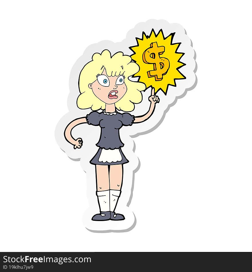 Sticker Of A Cartoon Waitress With Money Symbol