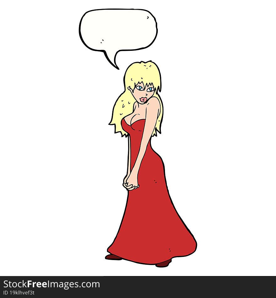 cartoon pretty woman in dress with speech bubble