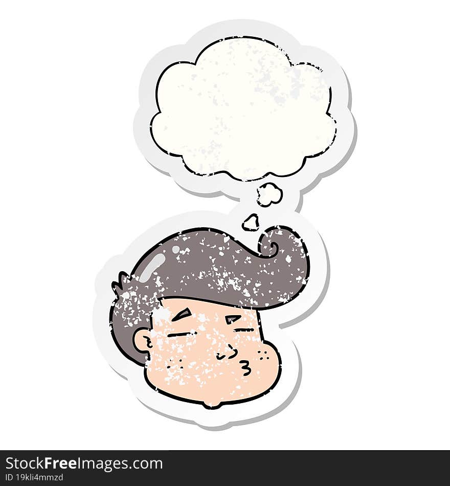 cartoon boy\'s face with thought bubble as a distressed worn sticker