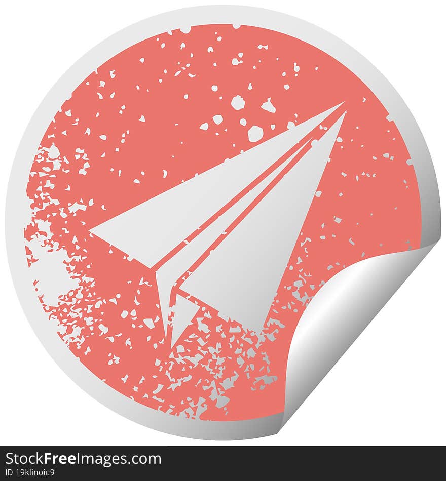 distressed circular peeling sticker symbol paper plane