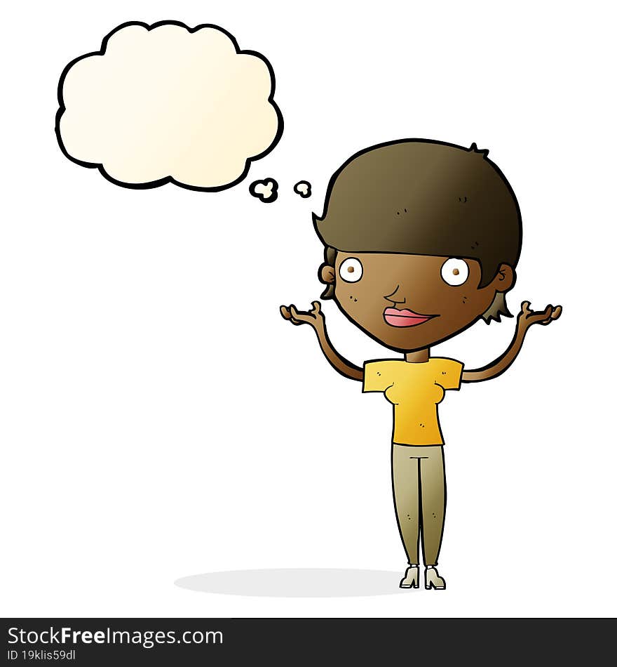 cartoon woman holding arms in air with thought bubble