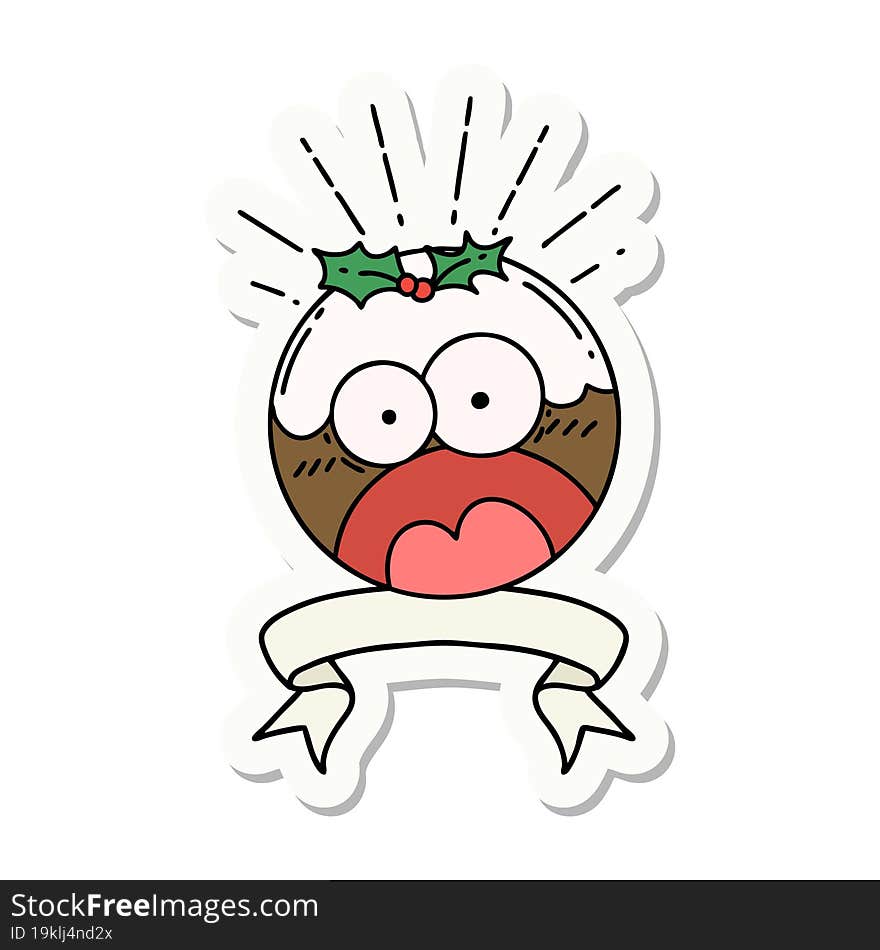 sticker of tattoo style shocked christmas pudding