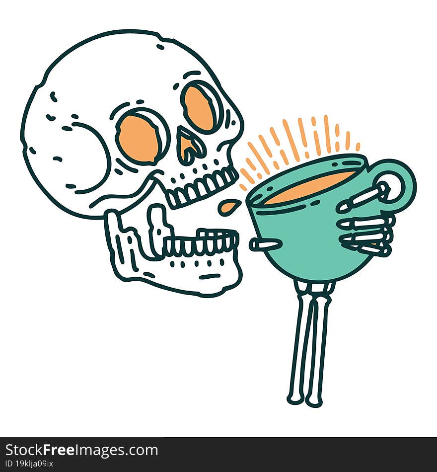 tattoo style icon of a skull drinking coffee