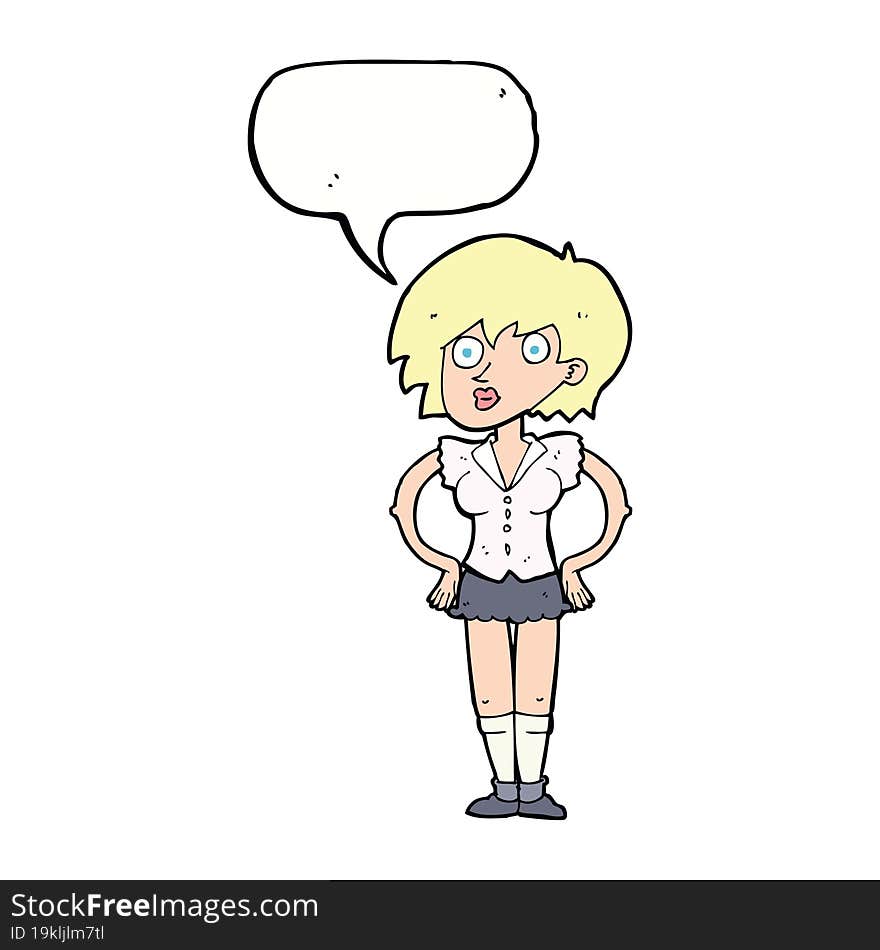 cartoon surprised woman with hands on hips with speech bubble