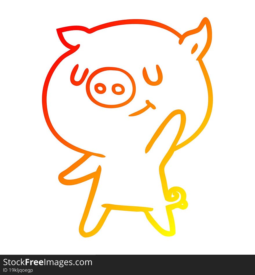 warm gradient line drawing of a happy cartoon pig waving