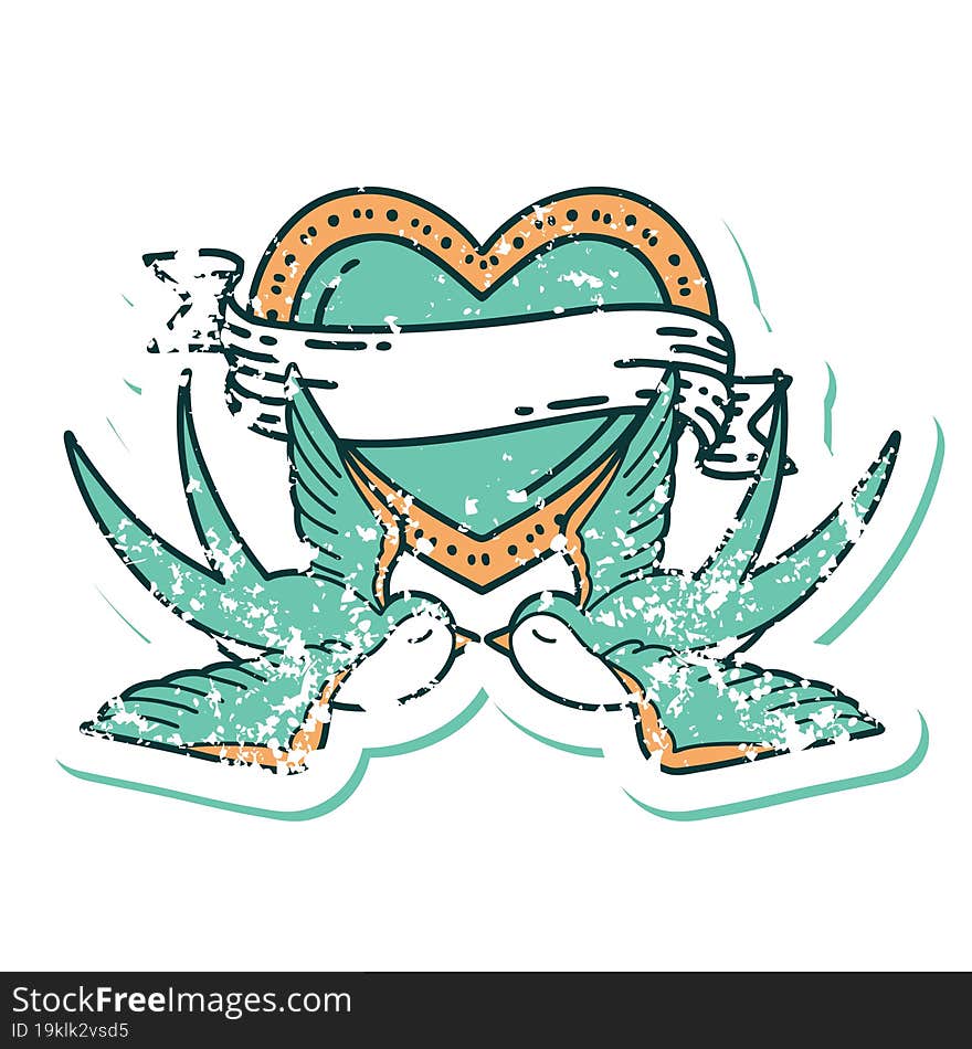 Distressed Sticker Tattoo Style Icon Of A Swallows And A Heart With Banner