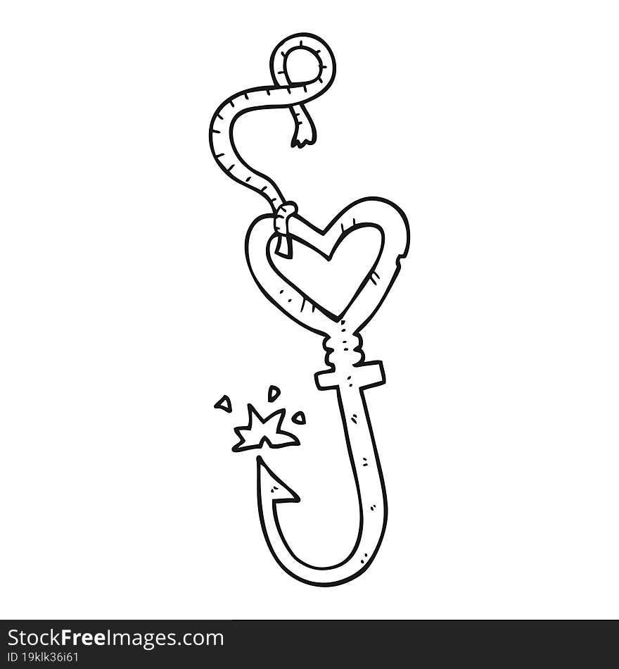 freehand drawn black and white cartoon love heart fish hook