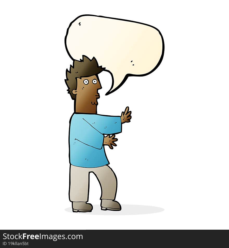 cartoon nervous man waving with speech bubble