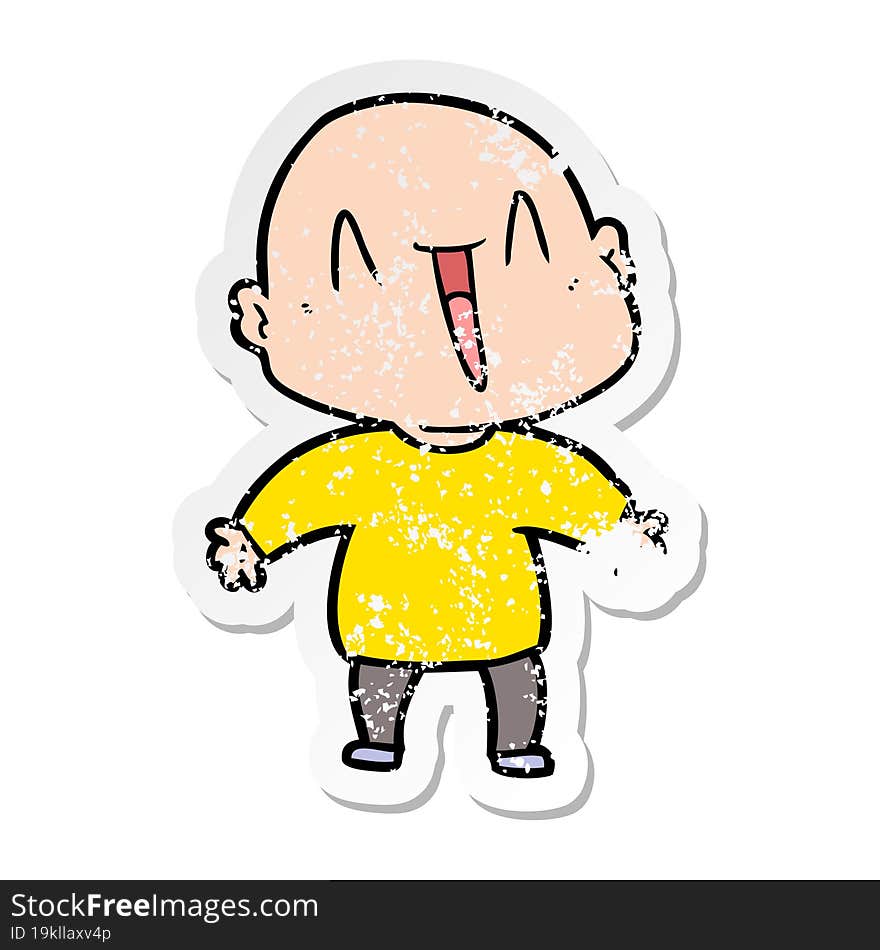 distressed sticker of a happy cartoon bald man