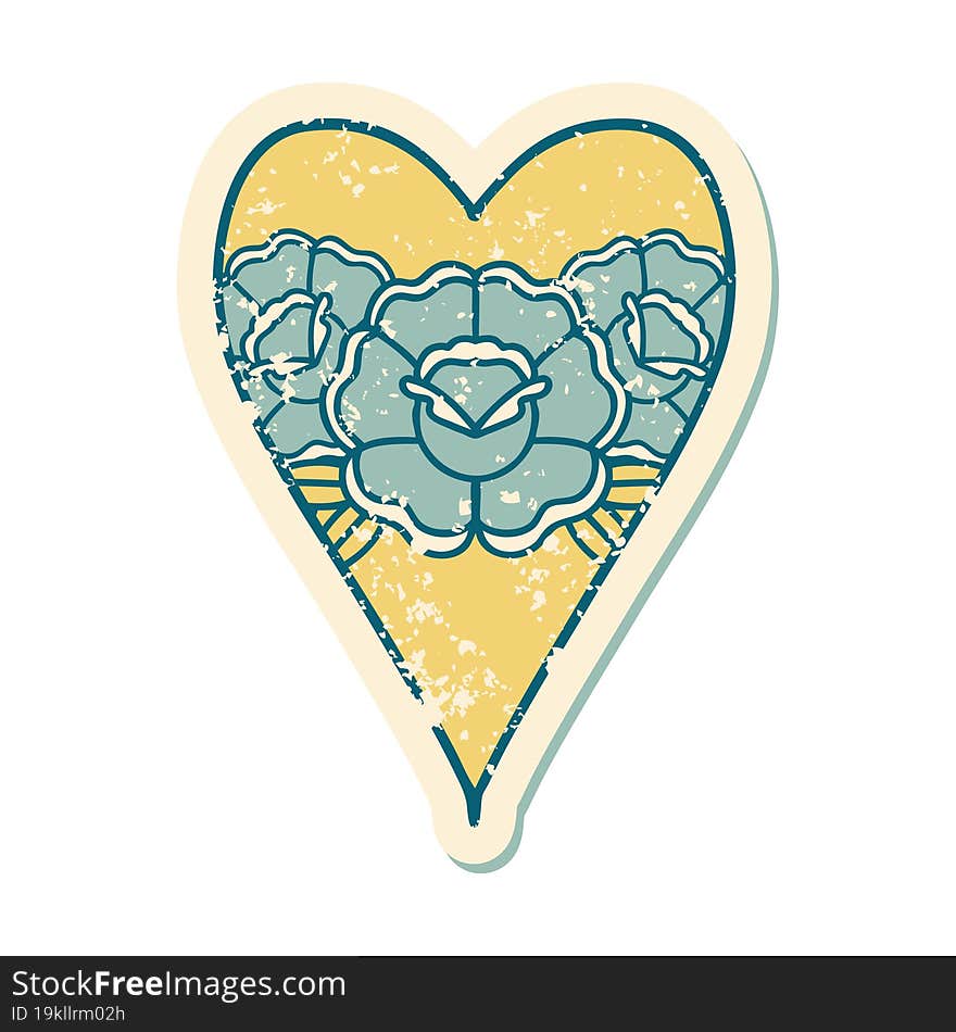 Distressed Sticker Tattoo Style Icon Of A Heart And Flowers