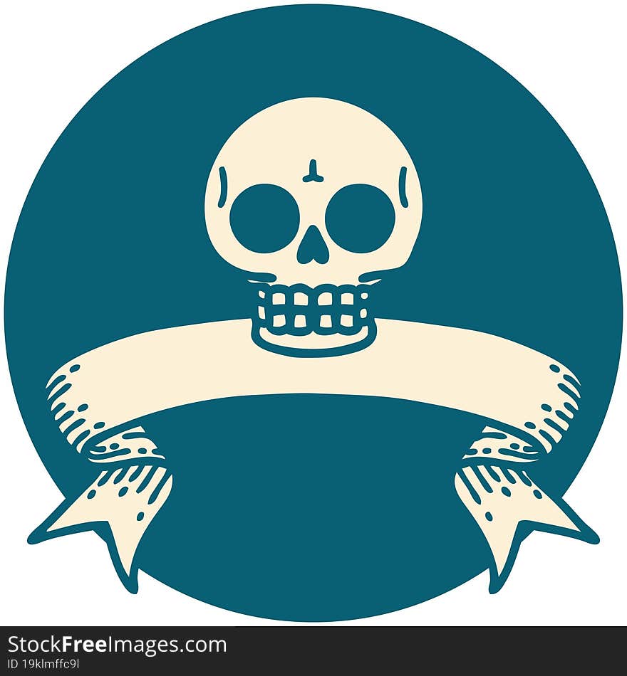 tattoo style icon with banner of a skull