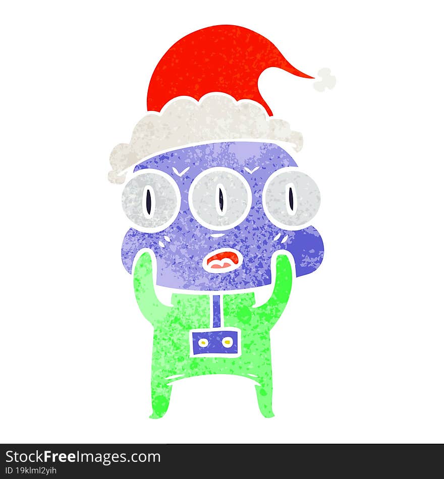 retro cartoon of a three eyed alien wearing santa hat