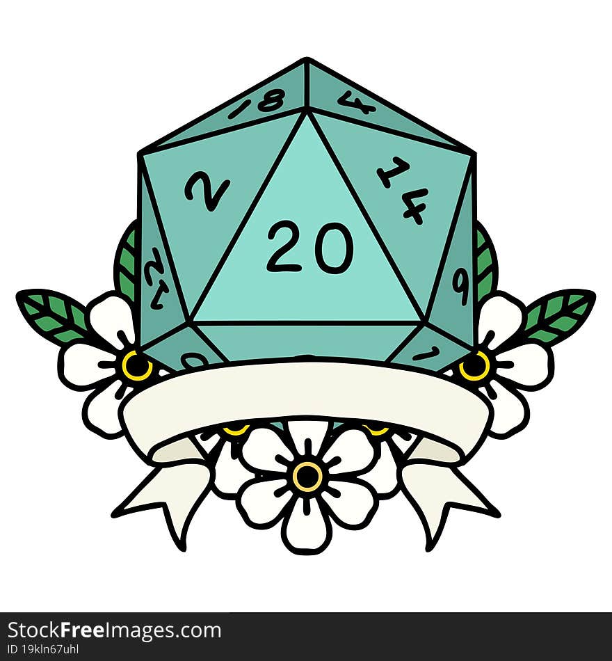 Retro Tattoo Style natural 20 critical hit D20 dice roll. Retro Tattoo Style natural 20 critical hit D20 dice roll