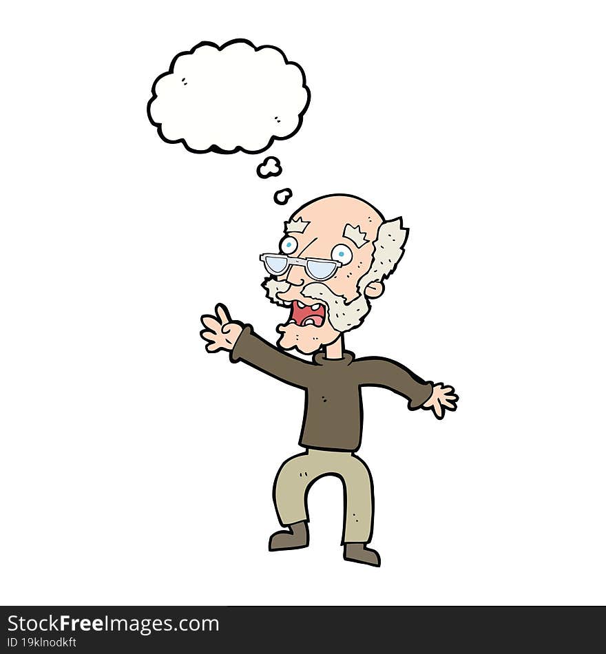 cartoon frightened old man with thought bubble