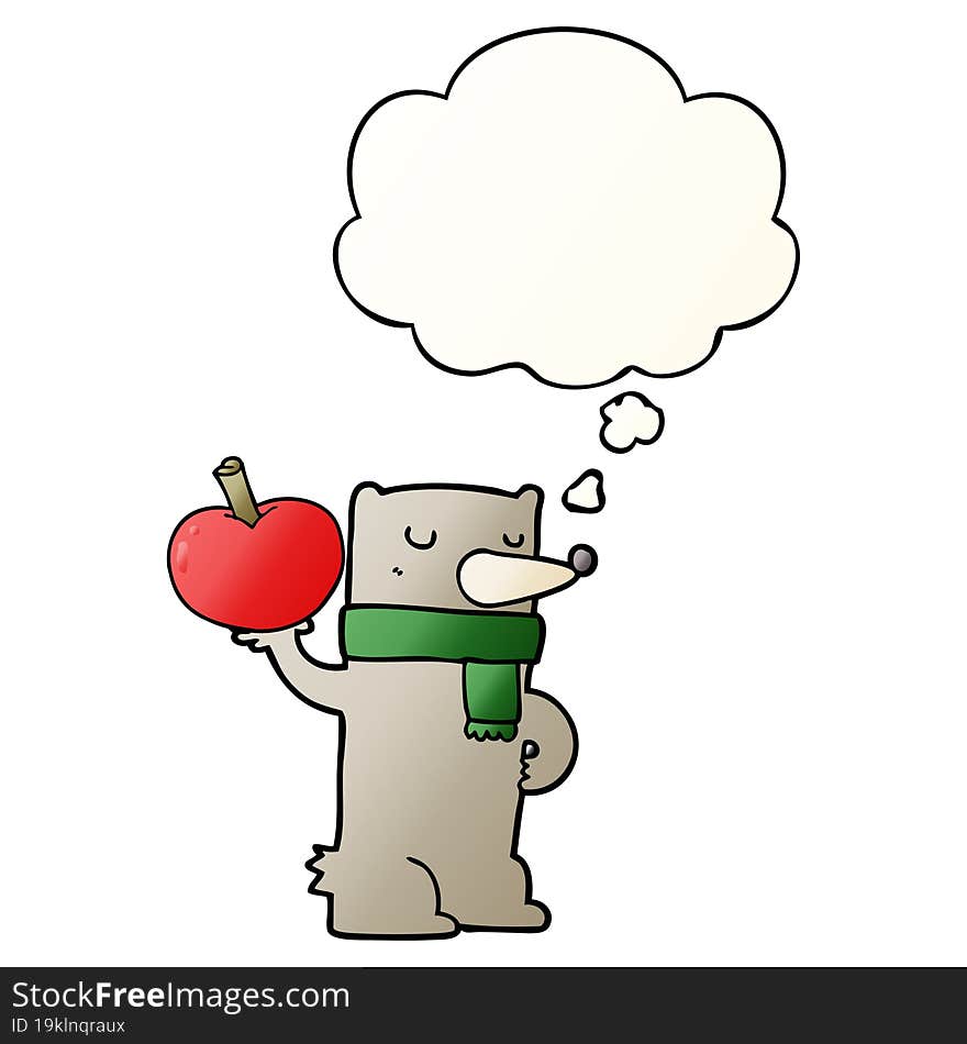 cartoon bear with apple and thought bubble in smooth gradient style