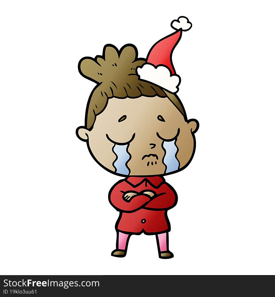 hand drawn gradient cartoon of a crying woman wearing santa hat