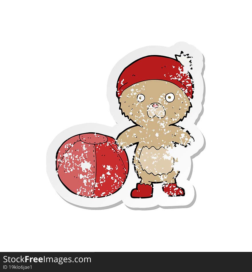 Retro Distressed Sticker Of A Cartoon Bear In Hat With Ball