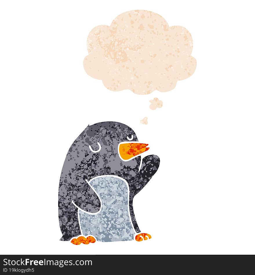 cartoon penguin and thought bubble in retro textured style