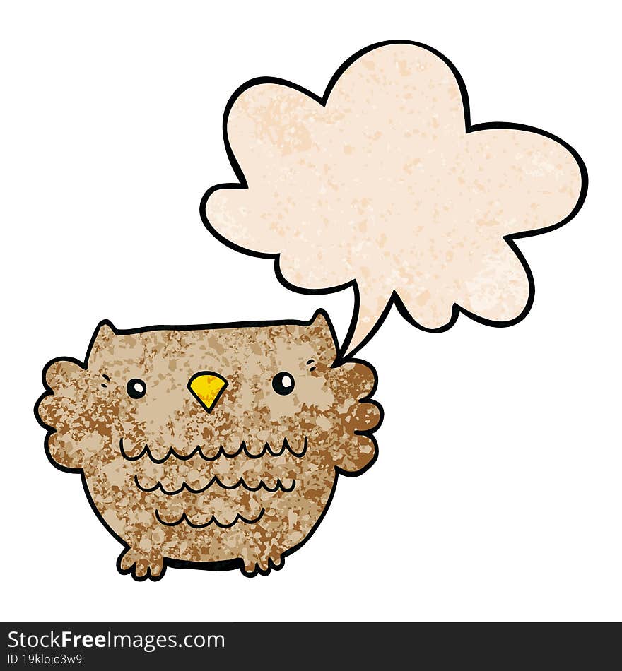 cartoon owl and speech bubble in retro texture style