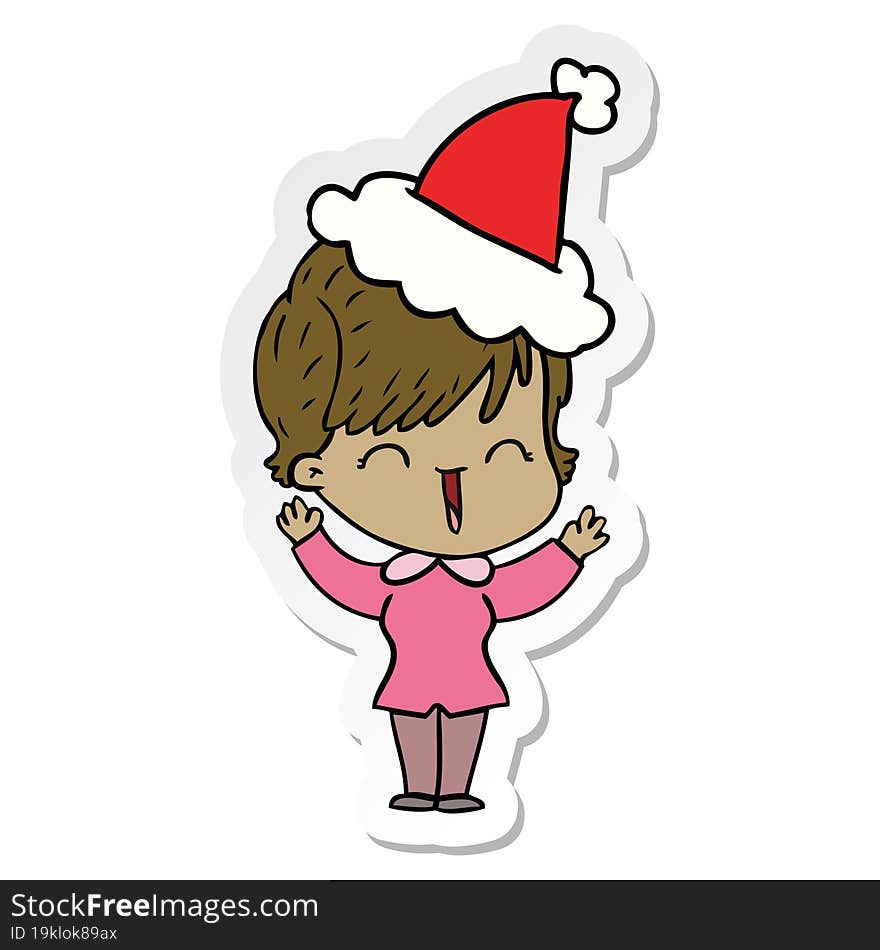 sticker cartoon of a laughing woman wearing santa hat