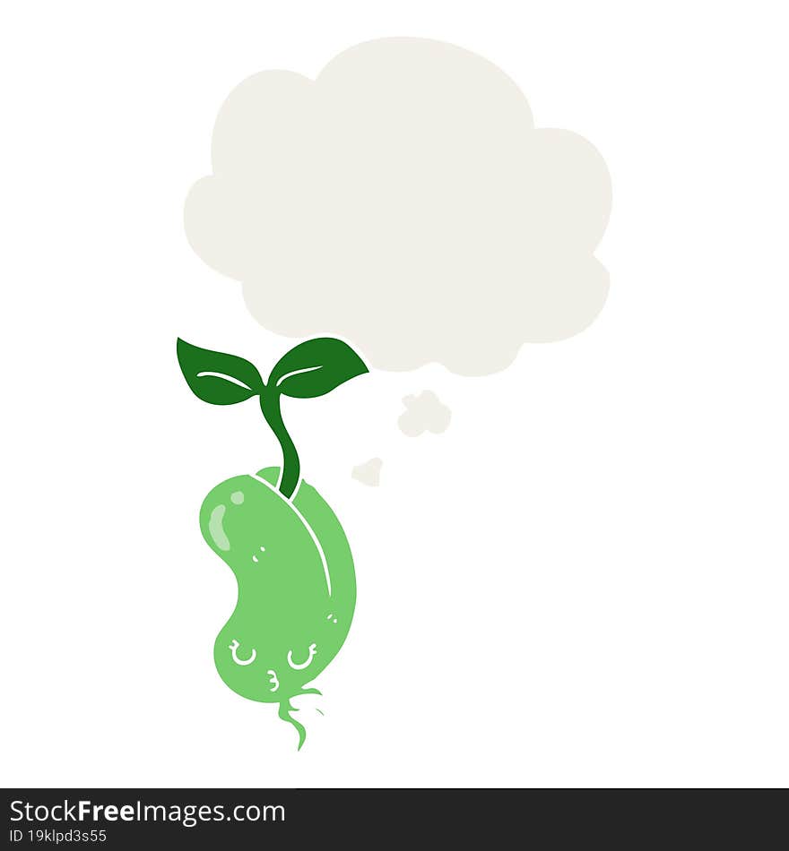 cartoon sprouting bean and thought bubble in retro style