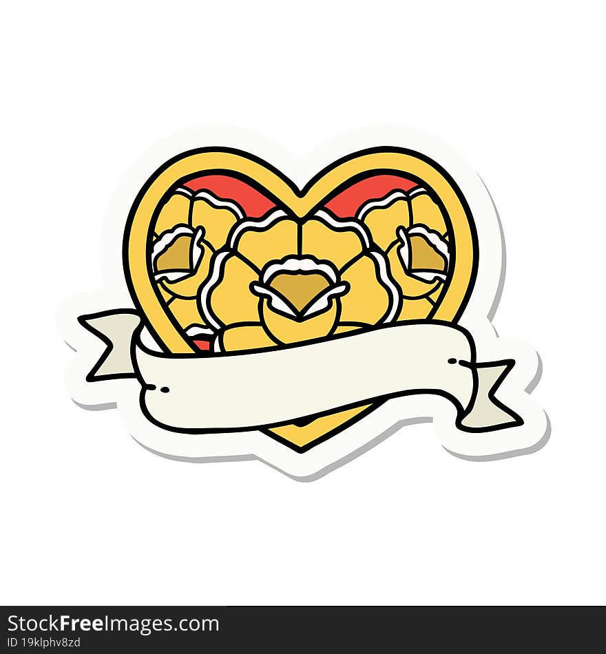 sticker of tattoo in traditional style of a heart and banner with flowers. sticker of tattoo in traditional style of a heart and banner with flowers