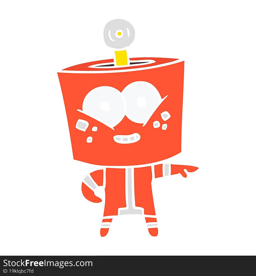 happy flat color style cartoon robot pointing