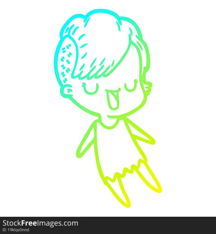 cold gradient line drawing of a cute cartoon girl with hipster haircut