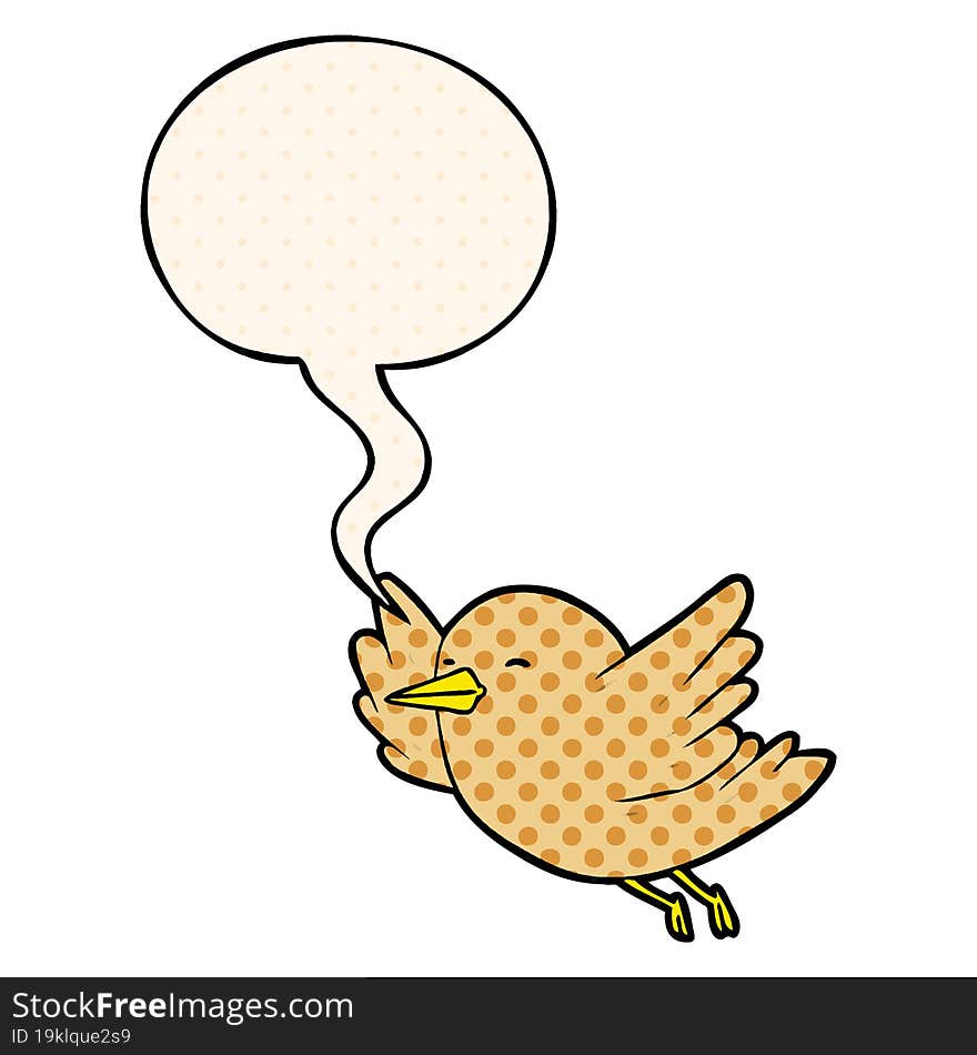 cartoon bird flying with speech bubble in comic book style