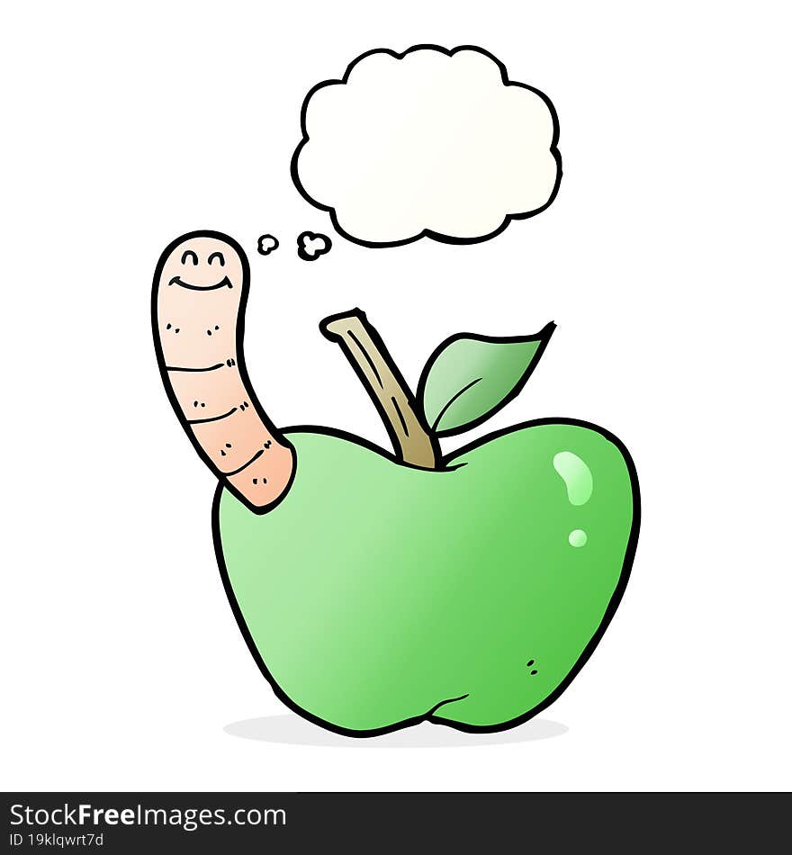 cartoon apple with worm with thought bubble