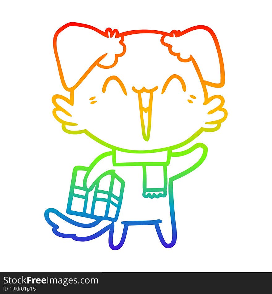 rainbow gradient line drawing happy little cartoon dog in winter clothes