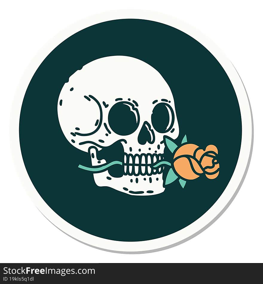 sticker of tattoo in traditional style of a skull and rose. sticker of tattoo in traditional style of a skull and rose