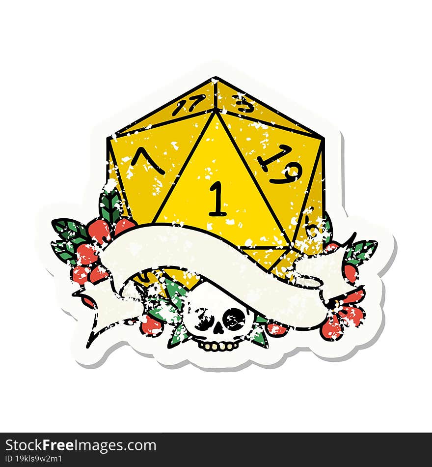 grunge sticker of a natural one d20 dice roll. grunge sticker of a natural one d20 dice roll