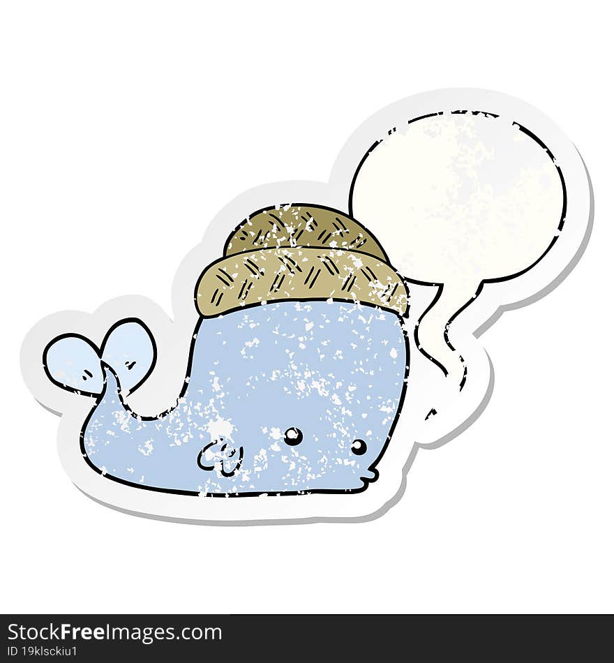 cartoon whale wearing hat and speech bubble distressed sticker