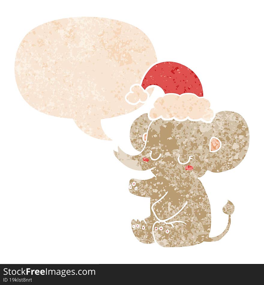 cute christmas elephant and speech bubble in retro textured style