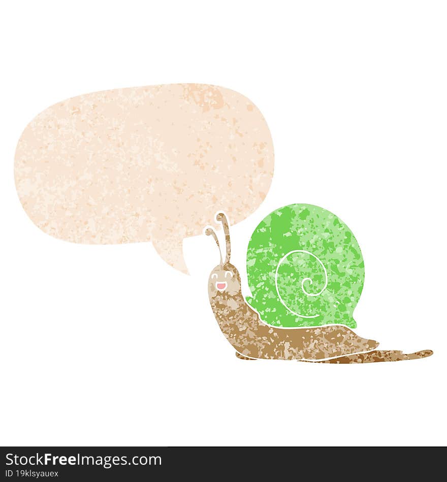 cartoon snail and speech bubble in retro textured style