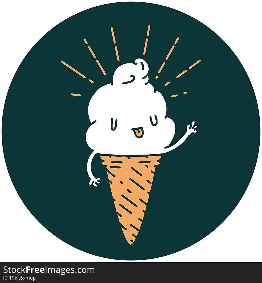 icon of tattoo style ice cream character waving