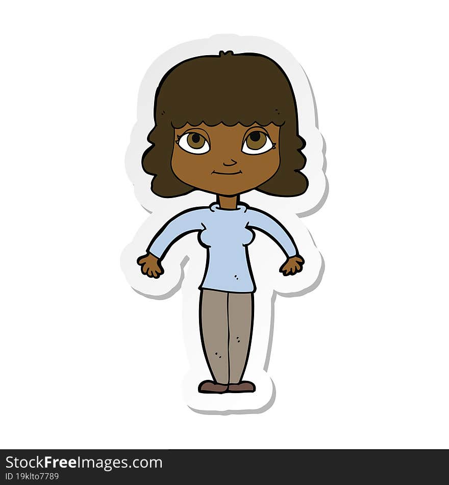 sticker of a cartoon woman shrugging shoulders