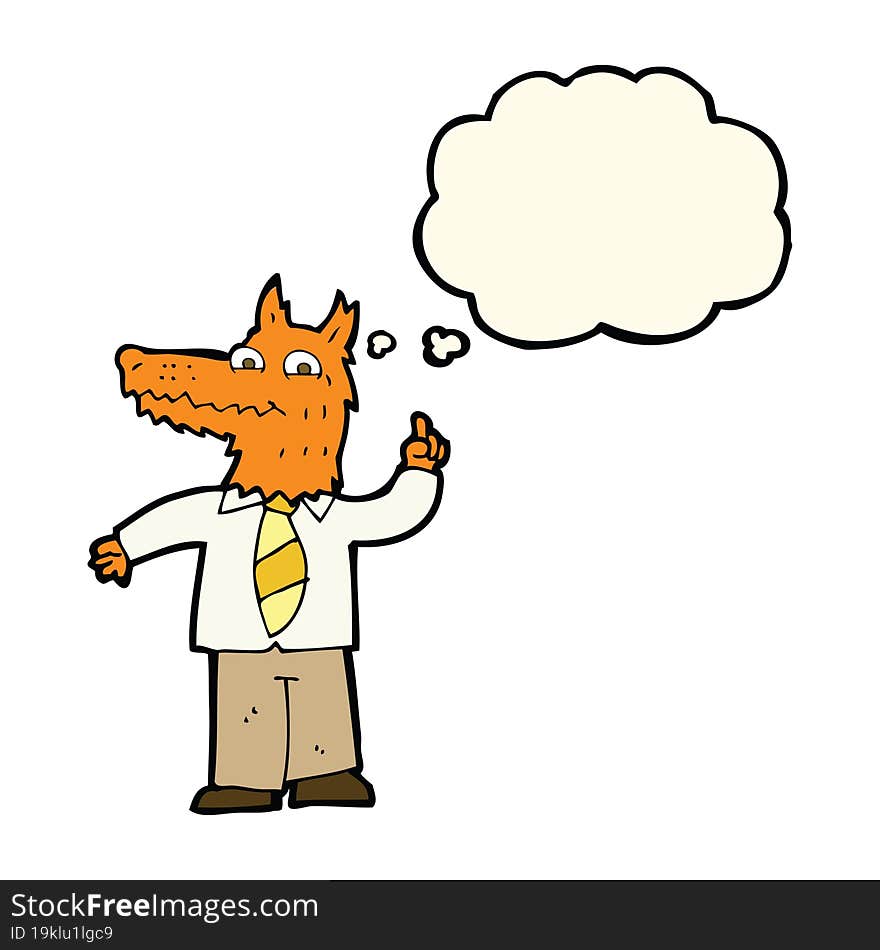 cartoon business fox with idea with thought bubble