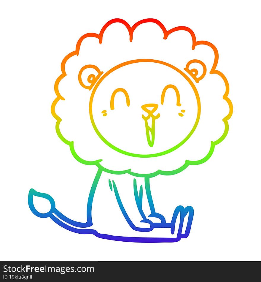 Rainbow Gradient Line Drawing Laughing Lion Cartoon Sitting