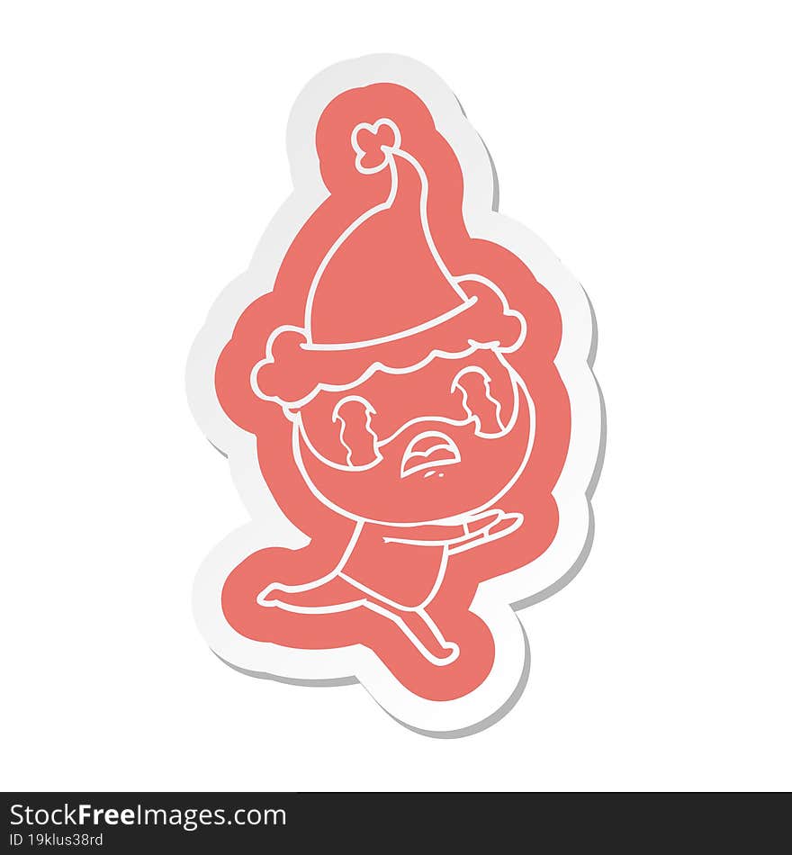 cartoon  sticker of a bearded man crying wearing santa hat