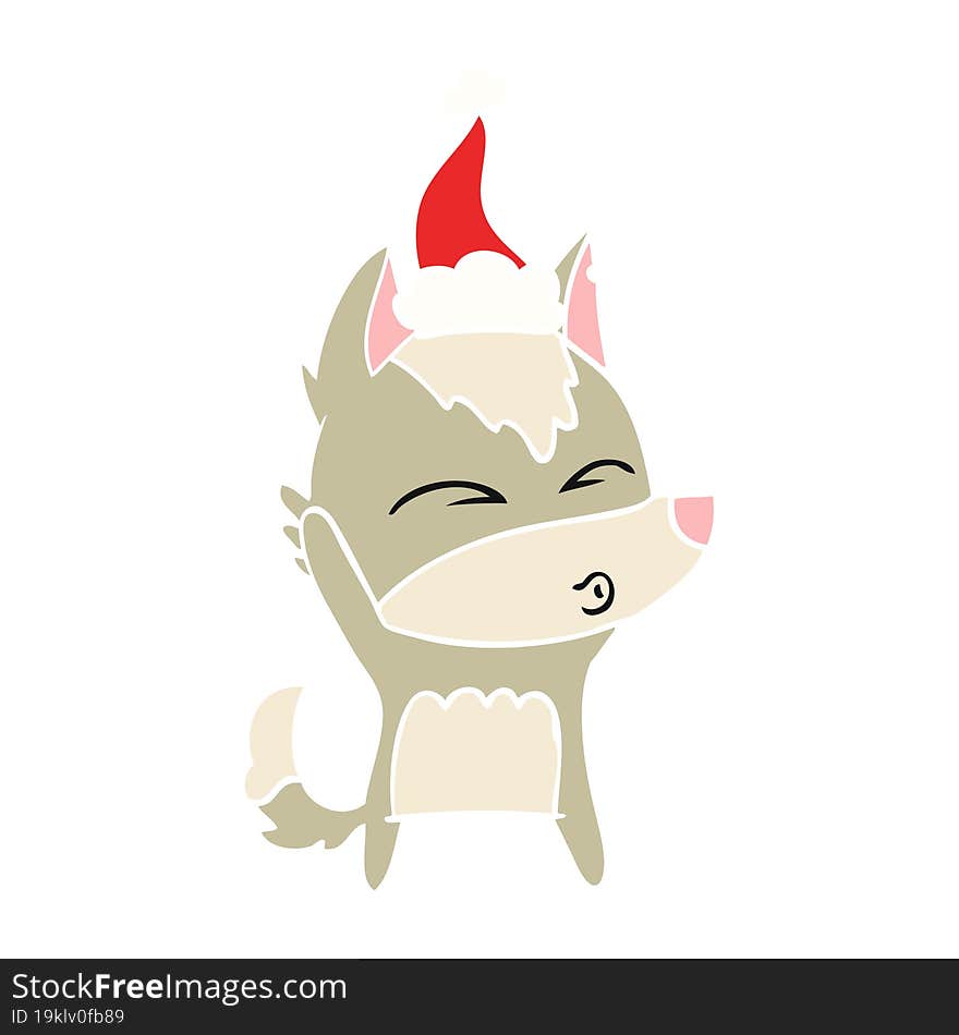 Flat Color Illustration Of A Wolf Whistling Wearing Santa Hat