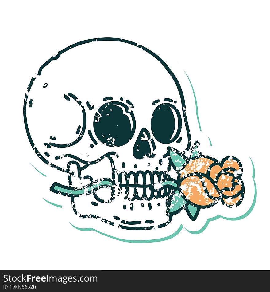 distressed sticker tattoo style icon of a skull and rose