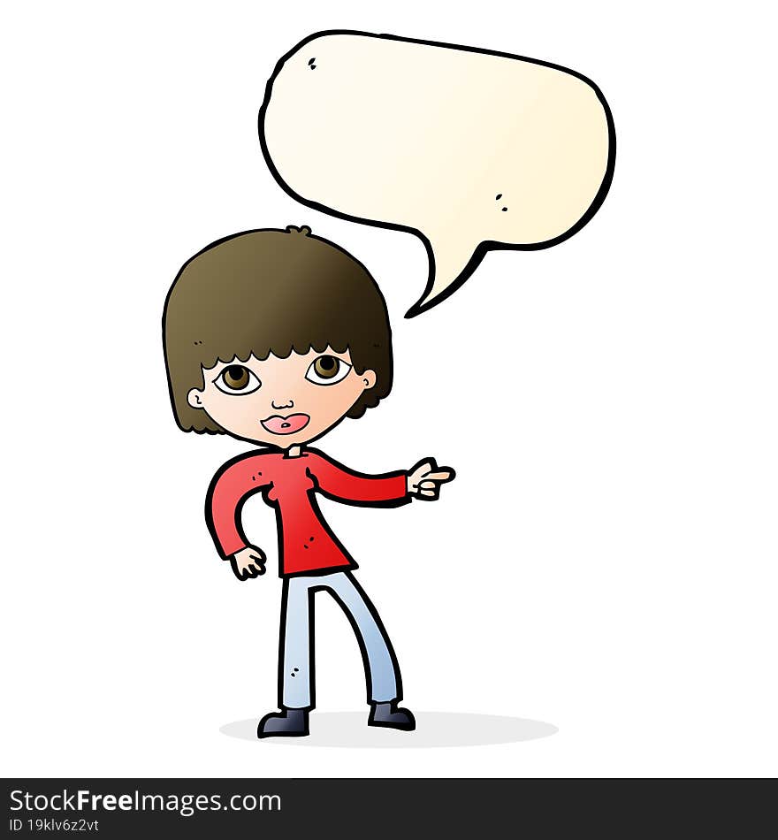 cartoon woman pointing with speech bubble