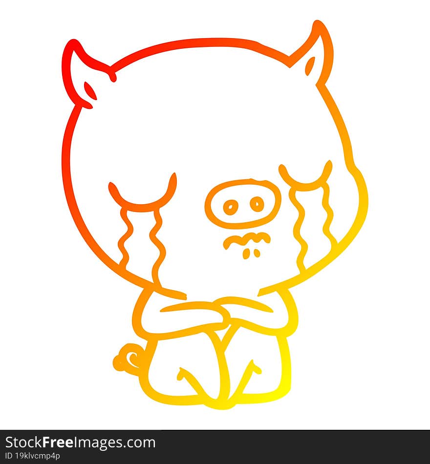 Warm Gradient Line Drawing Cartoon Sitting Pig Crying