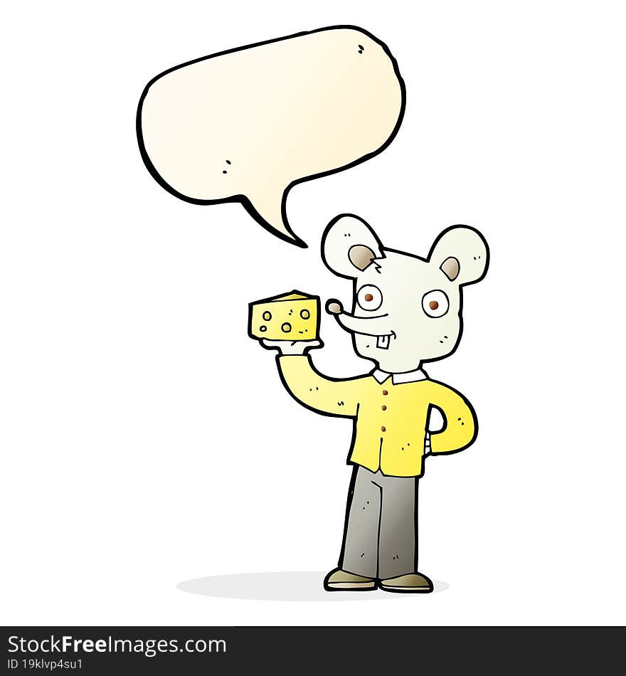 cartoon mouse holding cheese with speech bubble