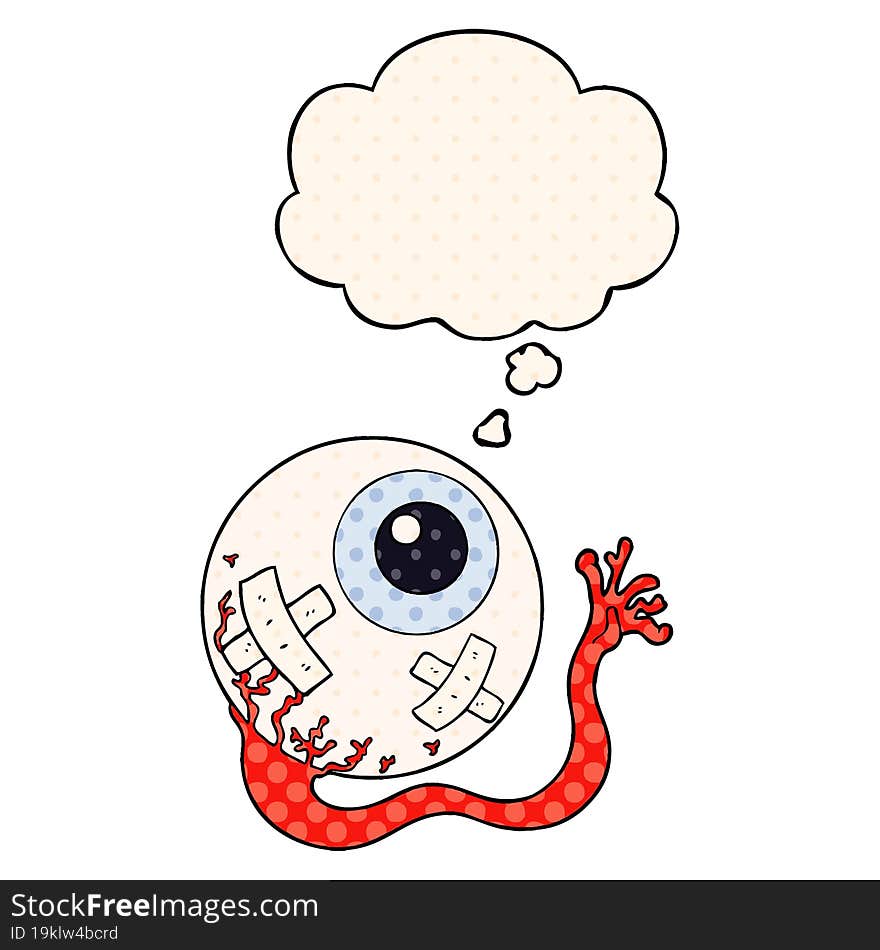 cartoon injured eyeball with thought bubble in comic book style